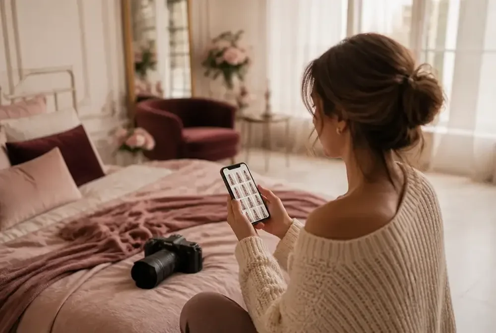 Fotografa che consulta i riferimenti di posa boudoir sul telefono prima della sessione